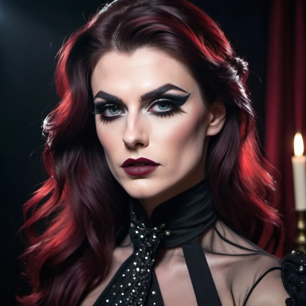 Prompt: Gorgeous muscular 25-year-old Czechian drag queen ((masculine jawline and brow features)) with dark eyeshadow,  heavy mascara,  dark red lipstick,  and long dark hair, superreal, no contrast, soft shadows, sharp focus, full body shot, dark Victorian clothes,dramatic lighting, bright color tones