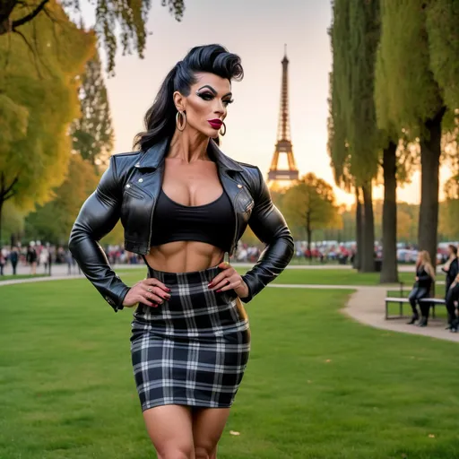 Prompt: A tall gorgeous ultra-muscular 35-year-old French drag queen bodybuilder (strong masculine jawline and brow), very well endowed, extremely long wavy black updo hair, cute crop top with jacket and trendy checked pencil skirt, 8 inch stiletto high heel shoes, walking through the park at sunset.