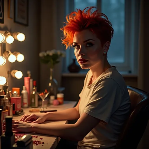 Prompt: Hyper detailed Photorealistic Upper body focus, Nighttime bedroom scene, A makeup desk (scattered with makeup and accessories), seated a (gorgeous ultra-muscular 25-year-old Czechian drag queen) glances at viewer sidelong, Embarrassed and shy slight smiling gaze and short spiky dark orange hair, highly detailed face, dark eyeshadow,  heavy mascara,  dark red lipstick, gazing with sidelong glance toward the viewer, Dynamic pose. wearing soft cotton tshirt.  Expression of shy interest and innocent allure.  Realistic high detail skin and hair