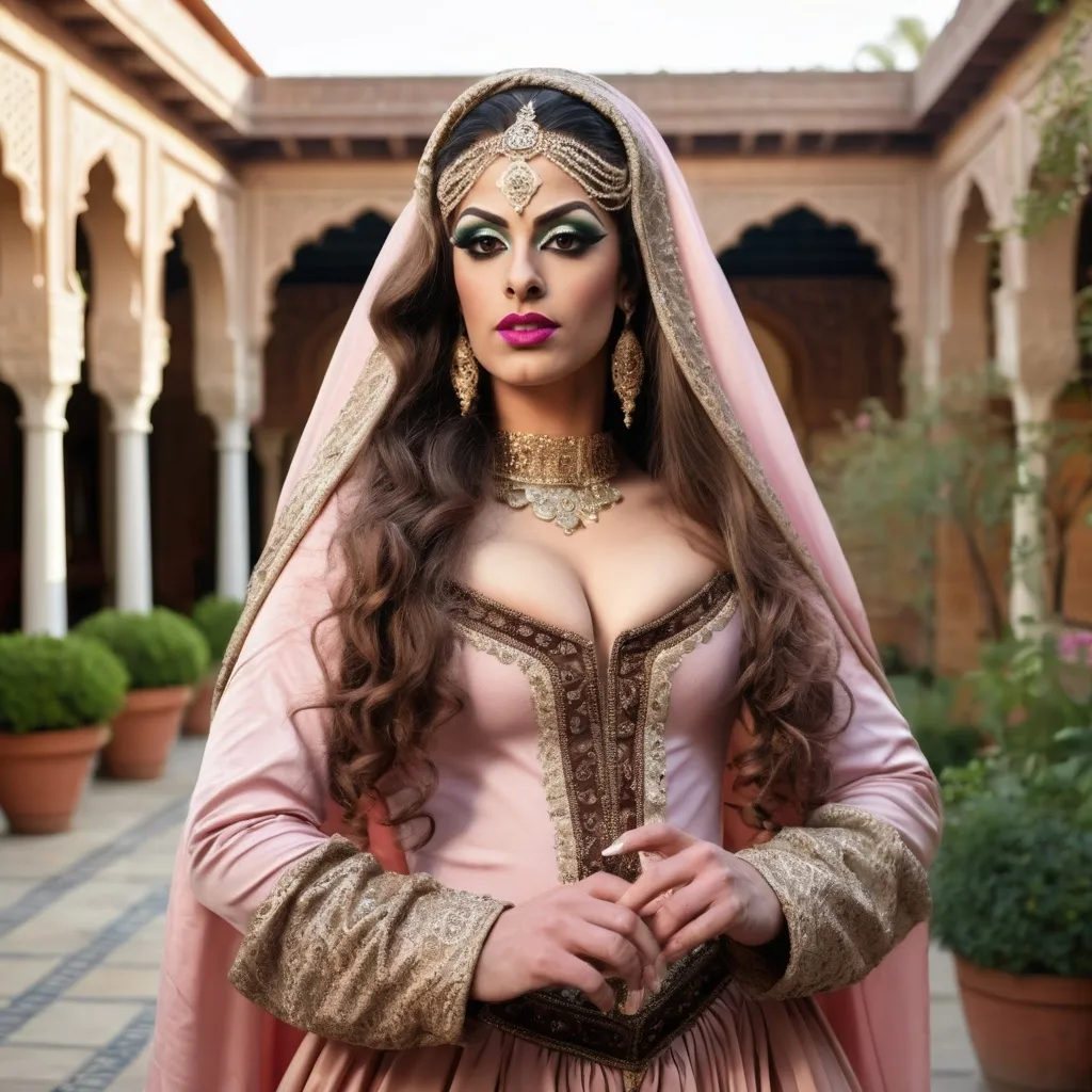 Prompt: A realistic photograph of A gorgeous  muscular  25-year-old  Arabic drag queen  dressed up as a 17 century Islamic Mughal court dancer Laila with long curly brown hair wearing dupatta in the courtyard garden  