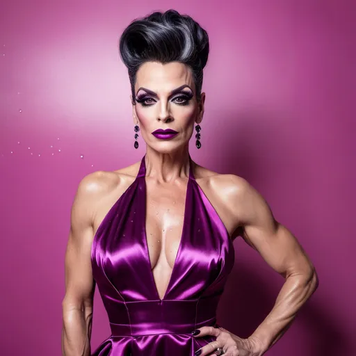 Prompt: The image is a full body portrait of a gorgeous muscular 45-year-old French drag queen with dark graying updo hair, dark eyeshadow,  and dark lipstick (with strong masculine jawline and brow) posing in a magenta satin dress. She is standing in front of a white wall with water droplets cascading down it. The dress is made of a shiny, satin-like material and has a high neckline with a lace overlay. The drag queen is wearing large, dangling earrings. She has a gold clutch in her hand and is looking directly at the camera with a serious expression. The overall mood of the image is elegant and sophisticated.