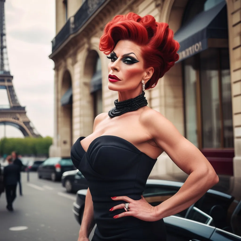 Prompt: Glamour photography of gorgeous 35-year-old czechian drag queen (strong, masculine jawline and brow features) with huge busom and short red updo hair wearing LBD and 8 inch stiletto high heel shoes, Glamour makeup in paris in the style of Guy Aroch