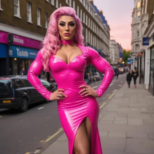 Prompt: Front view of an 25-year-old, muscular, gorgeous Turkish drag queen bodybuilder (strong masculine jawline and brow features) wearing a pink PU royal dress and 8 inch stiletto high heel shoes. Hanging out on the streets of London at sunset..