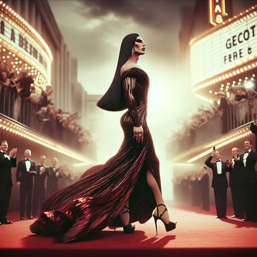 Prompt: High-resolution, cinematic-style photograph featuring a gorgeous,  alluring,  muscular 25-year-old Swedish drag queen with long straight shiny black hair, and wearing a gaudy Versace designed Gown and 8 inch stiletto high heel shoes,  walking the red carpet.