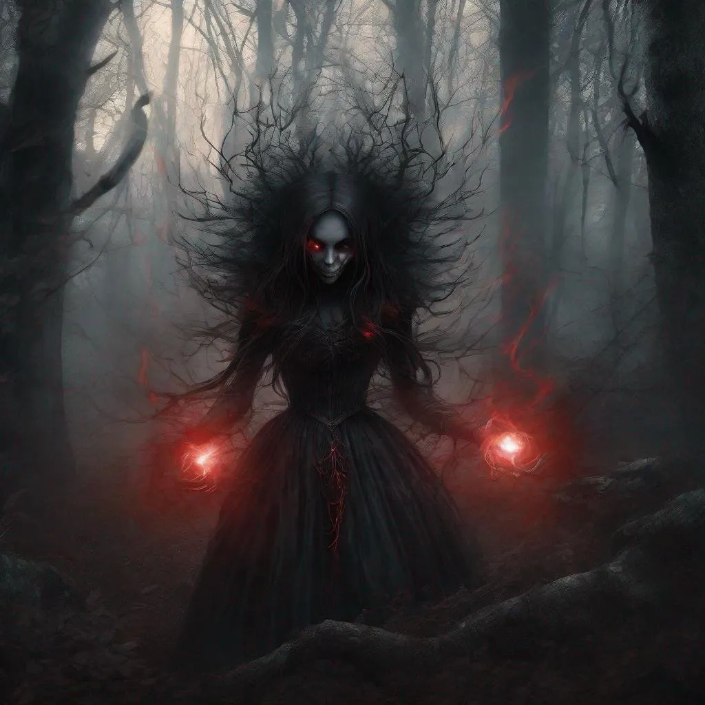 Prompt: a creepy black smoke with red eyes and hands in the dark forest with a light coming from behind it, Anne Stokes, gothic art, dark fantasy art, a digital rendering