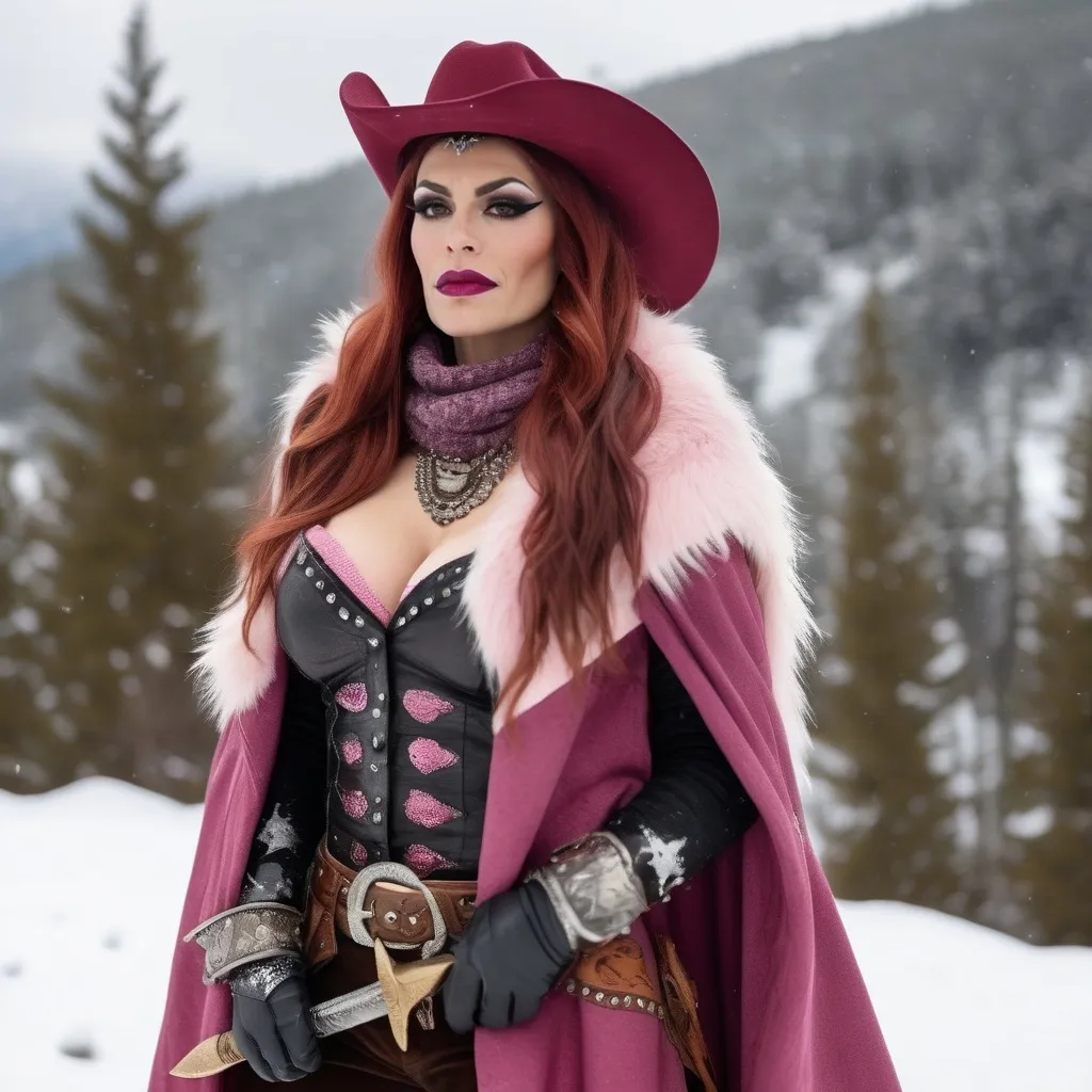 Prompt: A hi-res 8k hd digital photograph of a proud gorgeous rugged drag queen (with masculine jawline and brow) cowgirl with huge busom in winter snowy mountains. She is wearing a dark pink cloak lined with fur and a scarf over metal armor. She has ridiculously long wavy dark red hair and a black cowboy hat. She is holding a halberd. It is snowing and windy. She is smiling. Cowboy hat.
