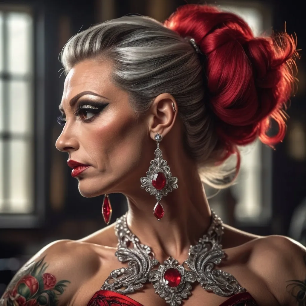 Prompt: Create a digital photograph of a gorgeous muscular 35-year-old Danish drag queen bodybuilder, hair pinned up, white red black dress, earrings, trending on artstation, sharp focus, studio photo, intricate details, highly detailed, by  Josephine Wall and Jasmine Becket-Griffith