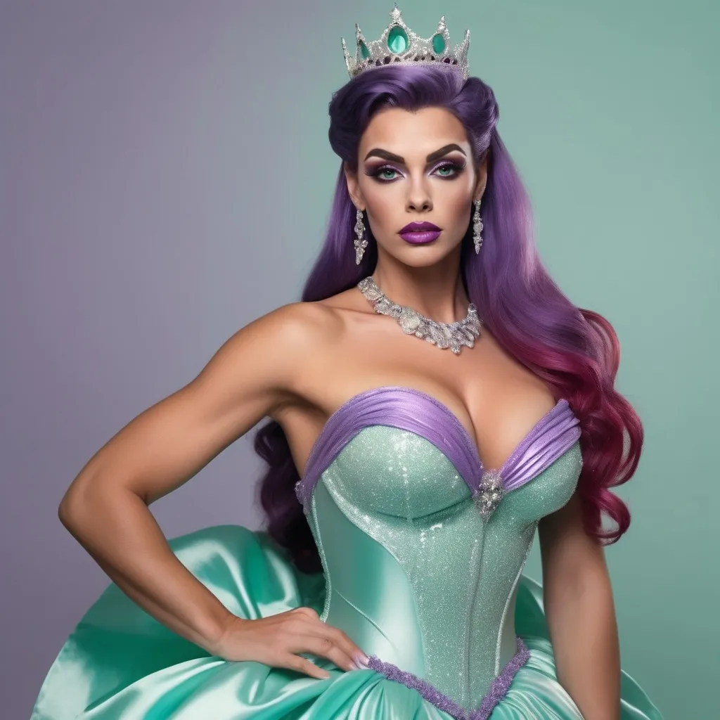 Prompt: Hyper realistic image of a Gorgeous muscular 25-year-old German drag queen (with strong masculine jawline and brow facial features) bodybuilder with huge busom, dressed up as Ariel, dressed as a queen wearing a floor-length ball gown in her iconic seafoam-green and ombre purple. The dress should be elegant and regal with detailing on the skirt.