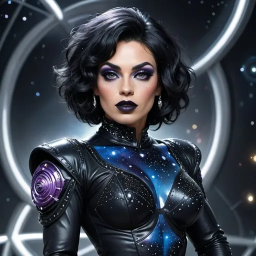 Prompt: Gorgeous muscular 35-year-old Romanian drag queen bodybuilder (with large busom, dark eyeshadow,  dark lipstick,  and short sassy black hair), in a Chanel outer space look, (high fashion) in a cosmic setting, (futuristic) garments with glittering textures and unique cuts, stars and planets sparkling in the background, (deep blue and silver tones) creating a dreamlike atmosphere, dramatic lighting that highlights intricate details of the clothing, (elegant) poses showcasing style, (ultra-detailed) and vivid imagery, atmosphere as if in an interstellar boutique.