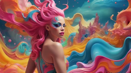 Prompt: (mesmerizing dreamscape), gorgeous muscular drag queen, vibrant, (streaming vibrant colors), surreal morphing shapes, fluid movements, seamless transitions, state of the art visuals, imaginative landscapes, enchanting atmosphere, captivating transformations, high depth, high resolution, ultra-detailed, abstract design, mesmerizing fluidity, otherworldly beauty.