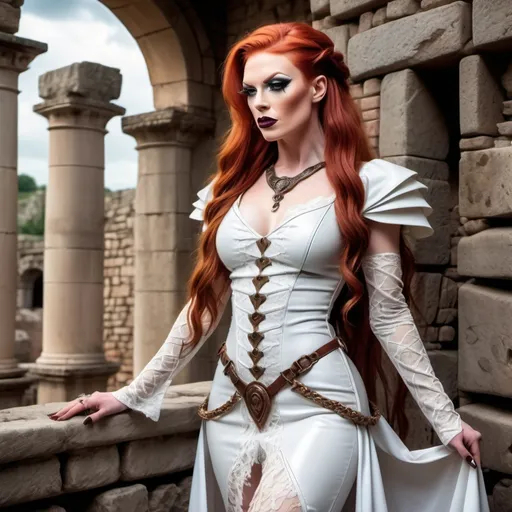 Prompt: realistc, Full body, (Hot red-headed drag queen mistress), long braided red hair, gorgeous strong face (strong masculine jawline and brow features), long white leather medieval fantasy dress, with straps and lace, stunning high heels, dominant stance, looking over shoulder, set between ancient ruins, magical spells in the air