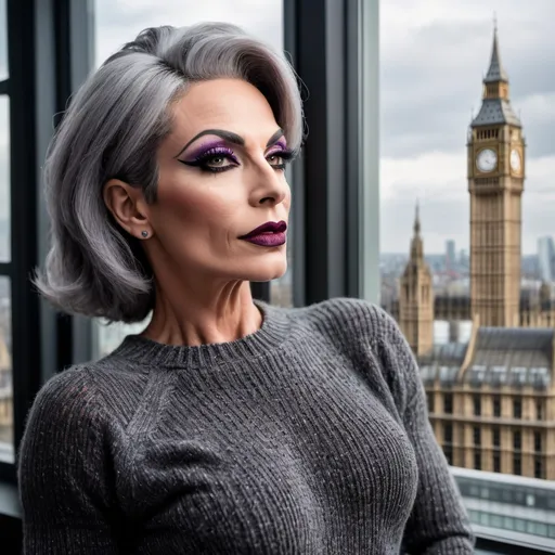 Prompt: Gorgeous muscular 45-year-old French drag queen with strong masculine jawline,  short swept over graying hair, dark eyeshadow, and dark lipstick, in the CAD office wearing a chenille knitted sweater, next to the window with London city and Big Ben view