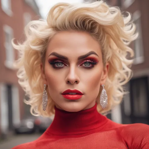 Prompt: Glamour photography of a Gorgeous muscular 25-year-old blonde Dutch drag queen Athlete (very strong masculine jawline and brow features), with large busom, glamoyr makeup, in Amsterdam in the style of Guy Aroch, Red transparent  sweater, skirt, exaggrate long earrings