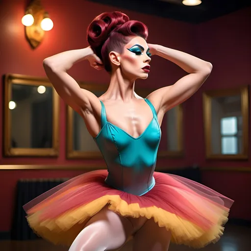 Prompt: (a strong and determined gorgeous drag queen (long updo dark red hair, strong masculine jawline and brow)), ballet pose, focused expression, vibrant background, bright and uplifting colors, warm and optimistic atmosphere, stylish yet modest clothing (long muscular legs), representing hard work and perseverance, soft lighting enhancing emotions, conveying love, high-quality, ultra-detailed, heartwarming scene.