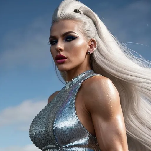 Prompt: Gorgeous ultra-muscular 25-year-old Icelandic drag queen bodybuilder with very long straight shiny silver hair (((blowing in the wind))) (striking pose), fashion icon, wearing (elegant) MiuMiu ensemble, dramatic theatrical makeup, bold accessories, glittering sequins, vibrant colors, high-fashion style, expressive facial features, ultra-detailed, captivating ambiance, modern glamour, sumptuous lighting, background in a chic urban setting, showcasing glamorous fashion atmosphere, HD quality.