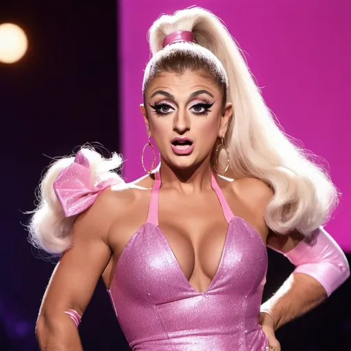 Prompt: Rodney Dangerfield dressed up as a gorgeous ultra-muscular 25-year-old drag queen Ariana Grande performing on stage.