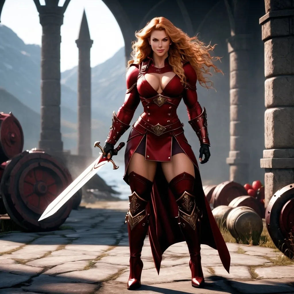 Prompt: Digital Art, gorgeous ultra-muscular 25-year-old viking goddess bodybuilder with huge busom and ridiculously long wavy strawberry-blonde hair, dark red gear, dark red clothes, subtle smile, dark red eyes, a dark red long-sleeve shirt, textured skirt down to knees, dark red pants, dark red armor, 8 inch stiletto high heel boots, dark red gear, unreal engine 64k octane, hdr, 3d lighting, full body, full armor