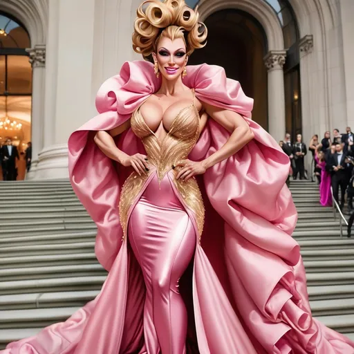 Prompt: Glamour photography of Gorgeous ultra-muscular 25-year-old (Caucasian) French drag queen bodybuilder with a huge busom, and very long wavy pink tight updo hair on the Met Gala steps in New York wearing designer pink and gold gown with long train, intricate details, glitter and jewels, posed 3/4 turn standing, smile, in the style of Guy Aroch