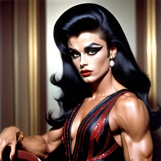 Prompt: James Dean dressed as a Gorgeous ultra-muscular 25-year-old drag queen bodybuilder with very long straight shiny black hair wearing a gaudy Gianni Versace designed dress and 8 inch stiletto high heel shoes, with smoky eye shadow and mascara and dark red lipstick.