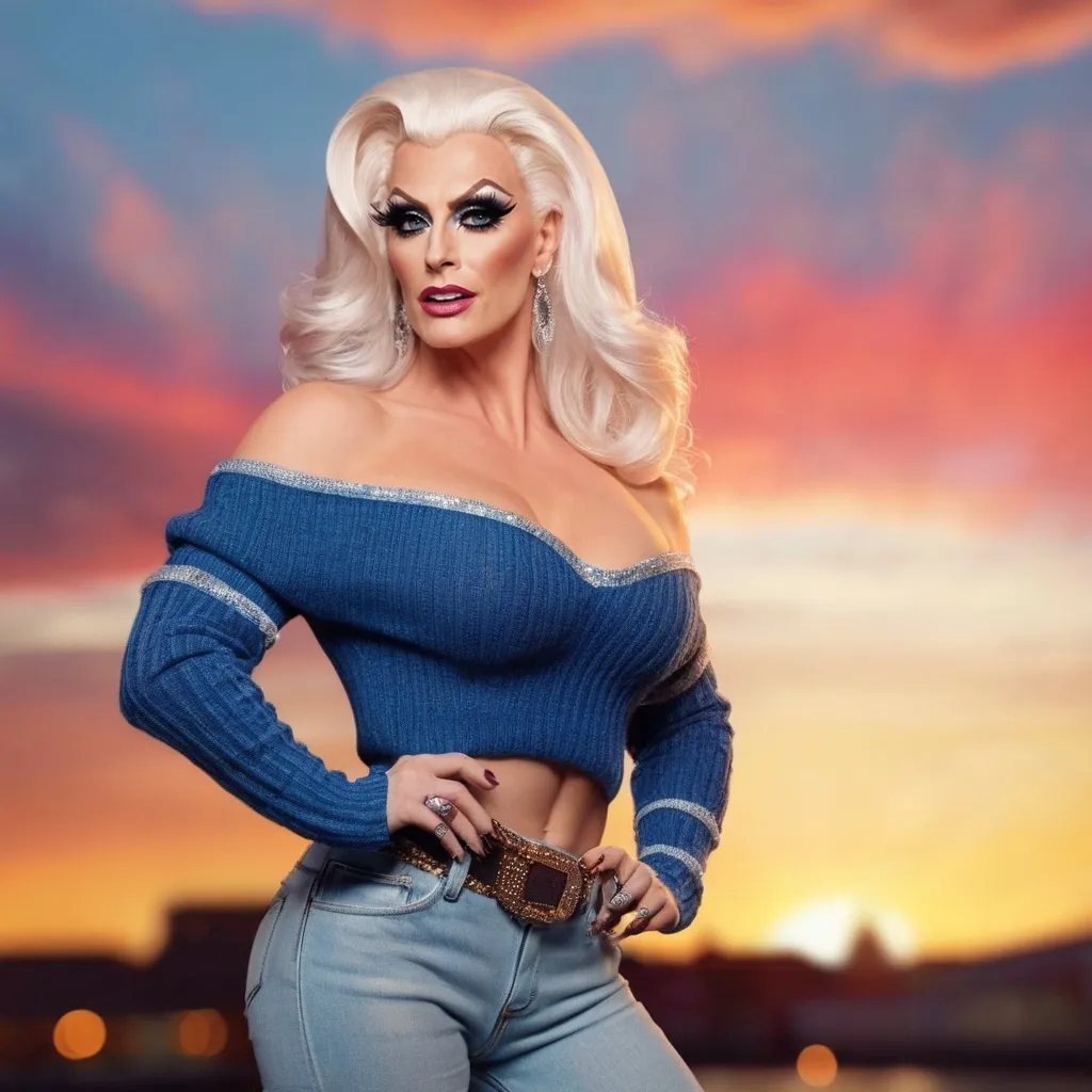 Prompt: Fantastic, flamboyant, very muscular, 35-year-old caucasian drag queen with large busom dressed in jeans and off the shoulder sweater. Hyper-realistic quality. Sunset background. 