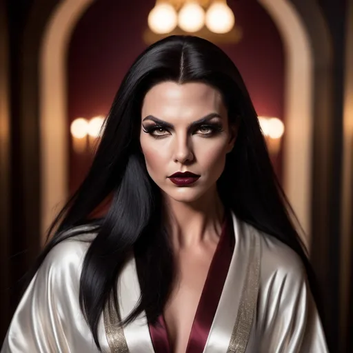 Prompt: Tom Cruise dressed up as Gorgeous ultra-muscular 25-year-old Swedish drag queen with long straight shiny black hair, dark smoky eyeshadow, heavy mascara, dark red lipstick, meditate, wisdom, Brown and white robes, laidback relaxed,