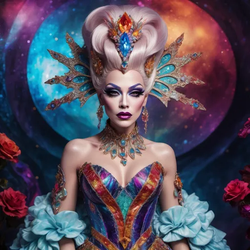 Prompt: The most beautiful drag queen on Planet of the Damned wearing the traditional Planet of the Damed dress.