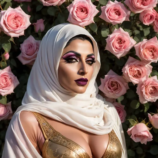 Prompt: (Gorgeous muscular 35-year-old Afghani drag queen bodybuiler with large busom, dark eye makeup, and dark lipstick (with strong masculinefacialfeatures)) standing amidst blooming pink roses, her face subtly veiled in soft, golden light creating an ethereal effect, wearing a pristine white hijab that contrasts gently with the vibrant petals. The atmosphere exudes serenity and grace, surrounded by delicate pink hues, capturing an enchanting and mystical ambiance. The quality is ultra-detailed, ensuring depth and clarity in this spiritually uplifting scene.