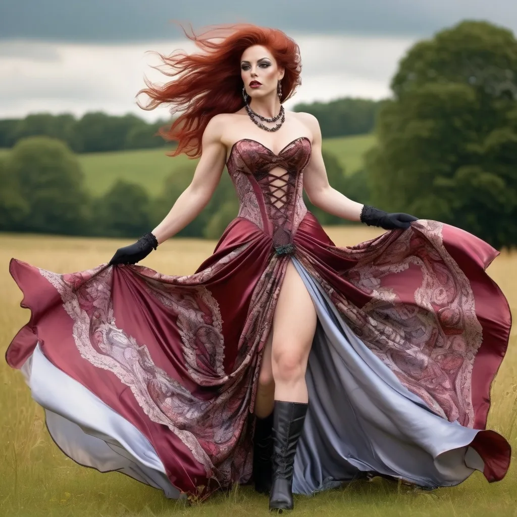 Prompt: full  body realistic, gorgeous muscular 25-year-old British drag queen bodybuilder with dark red hair wearing beautiful satin silk dress, flowing in the wind, Victorian, medieval fantasy intricate patterns, gloves, high heels, intricate boots glossy, detailed design, summer day, in a meadow, breeze in her hair, high quality, detailed, Victorian style, intricate patterns, beautiful  face, glossy finish, flowing fabric, summer breeze, detailed design, elegant, atmospheric lighting