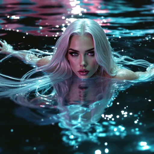 Prompt: A gorgeous ultra-muscular 35-year-old Swedish drag queen goddess with very long straight silver hair swimming in a lake of liquid Mercury in outer space. Vivid colors. Hd imaging.