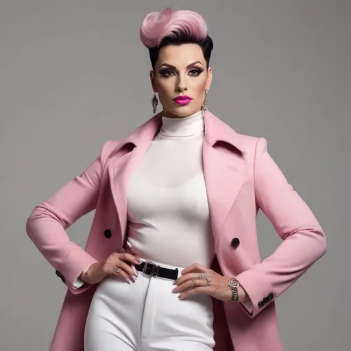 Prompt: Here's a prompt:

"Generate an image of a stylish and confident 35-year-old Hungarian drag queen bodybuilder wearing a stylish pink and white ensemble. Face has strong masculine jawline and brow. Dark eyeshadow  and dark lipstick. Large busom. Short updo hairstyle. 

Outfit:

- Trousers: White, slim-fit, and elegantly tailored
- Coat: Pastel pink, fitted, and knee-length with a subtle sheen
- Top: Soft white or light pink blouse with delicate details (optional)
- Shoes: White or metallic stiletto heels
- Accessories: Minimalist jewelry, such as a simple watch and elegant earrings

Pose:

- Stand with confidence, with one hand in the coat pocket
- Slightly angle the body, showcasing the outfit's silhouette
- Gaze directly at the camera with a subtle smile

Background:

- Soft, neutral-colored setting (e.g., light gray, beige, or white)
- Minimalistic environment to emphasize the outfit

Style:

- Modern, sophisticated, and effortlessly chic
- Emphasize the harmony of pink and white hues
- Capture the individual's poise and confidence

Generate a high-quality image showcasing the perfect blend of style, elegance, and modern flair."