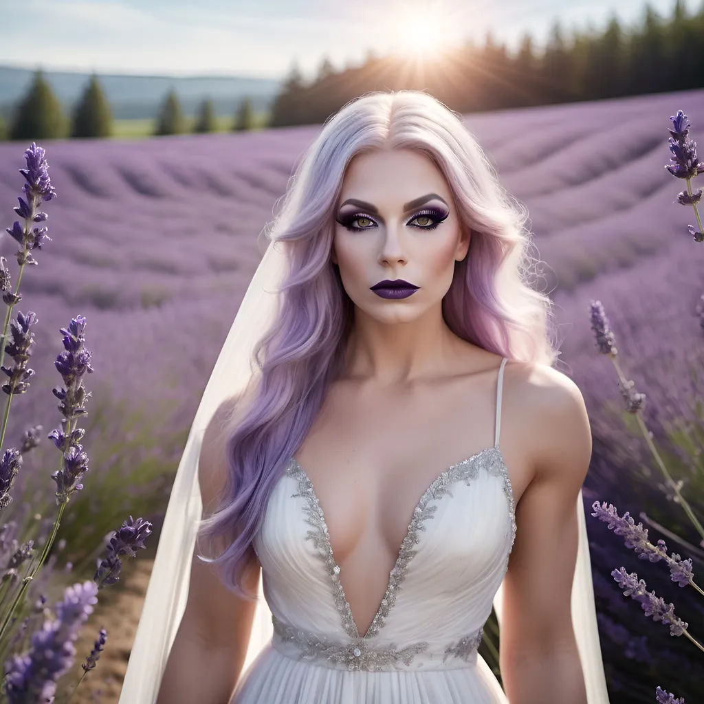 Prompt: Design a photo-realistic portrait of a gorgeous muscular 25-year-old Finnish drag queen (dark eye makeup and dark lipstick) dressed in a flowing white gown, standing amongst a field of lavender. The sunlight catches the delicate details of her dress, creating a soft, ethereal glow.