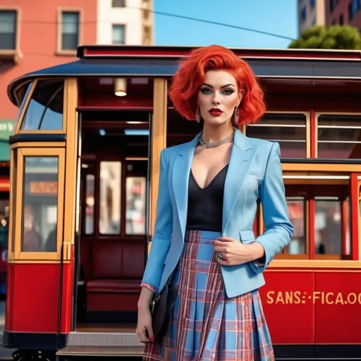 Prompt: Hyper-realistic 8k hd hi-res digital photography (Gorgeous California caucasian drag queen(with strong masculine jawline and brow features)), stepping onboard the bright red (San Francisco Cable Car), chic (pixie cut red hair), radiant face, wearing a stylish (sky-blue blazer), (knit top), and a (light blue plaid pleated skirt), paired with (black fashion boots), set against a vibrant, (sunny day), bustling atmosphere, (dynamic scene). Captured in ultra-detailed (8K) resolution, photorealistic style.