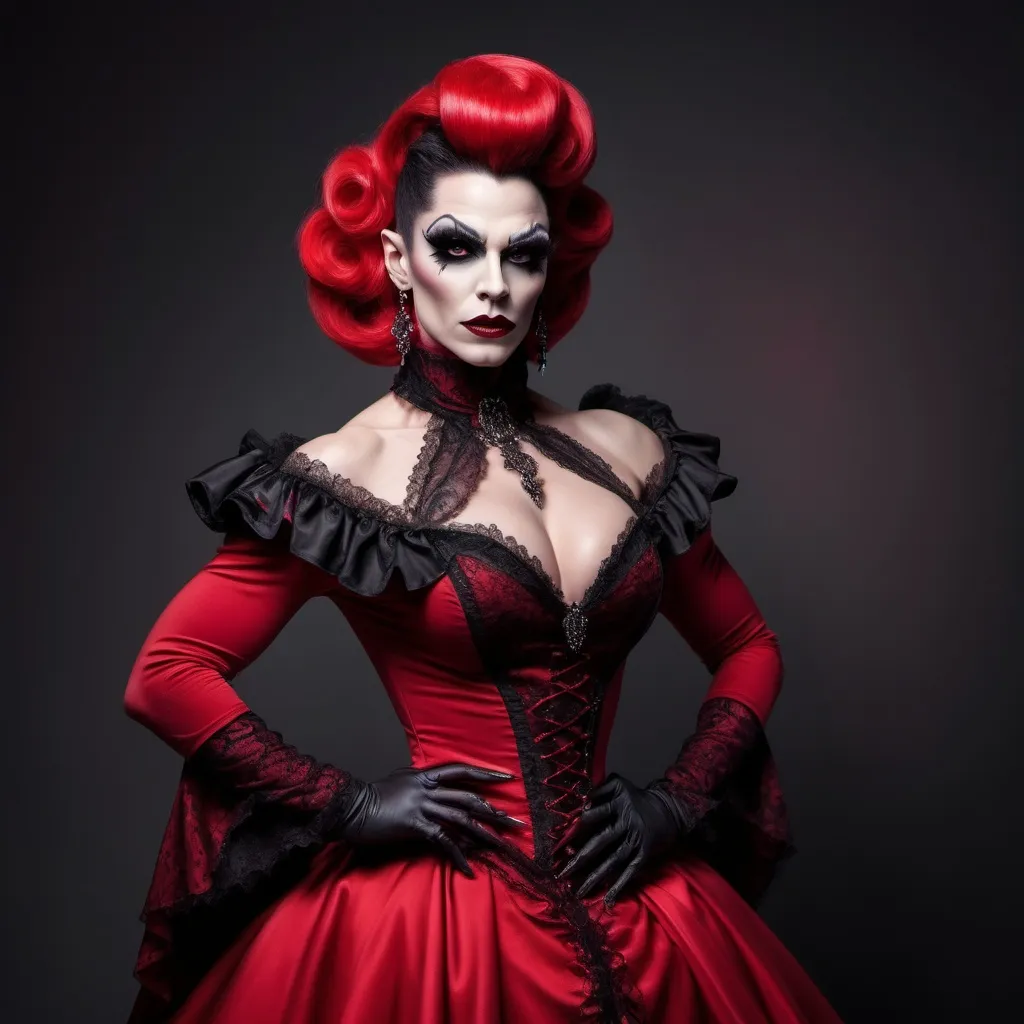 Prompt: elegant muscular vampire drag queen in red and black tones and victorian dress