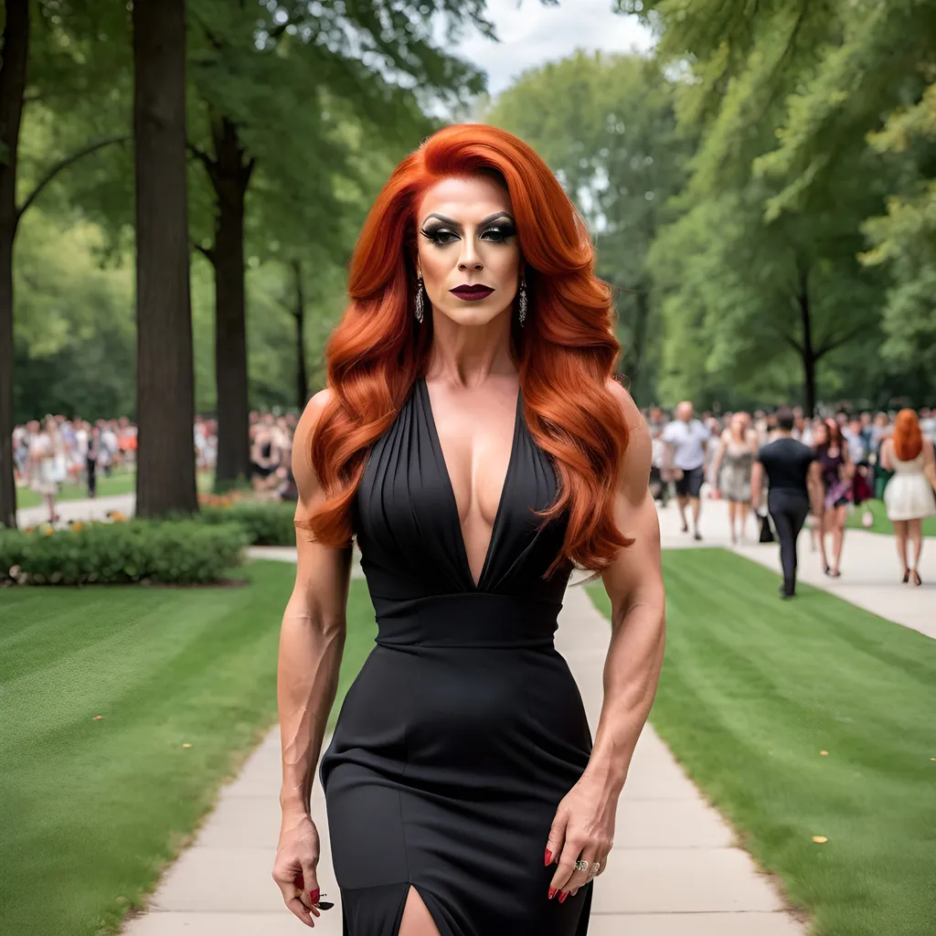 Prompt: A gorgeous muscular red-headed 35-year-old Turkish drag queen with a long dark orange swept over hair, with  strong masculine facial features,  dark eyeshadow and dark lipstick,  wearing a Knit Pleat-Back Dress, and 8 inch stiletto high heel shoes,  walking through Grant Park in the summer.