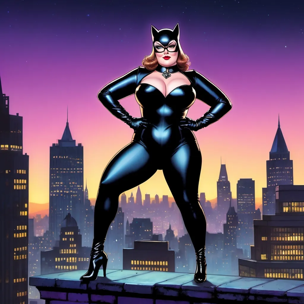 Prompt: Peter Griffin dressed as a 25-year-old gorgeous drag queen Catwoman posing on the ledge of a building, high above Gotham.