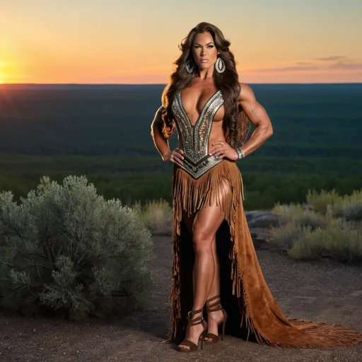 Prompt: Gorgeous ultra-muscular 25-year-old Sioux goddess bodybuilder with huge busom and ridiculously long shiny wavy hair, wearing tradional fringed deer skin dress and 8 inch stiletto high heel shoes posing in the American mid-west wilderness at sundown.