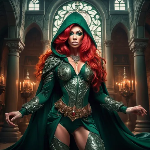 Prompt: a bright red haired, muscular,  drag queen rogue, in a dark green hooded clothes with ornaments, dynamic full body pose,A surreal, dreamlike scene .This stunning image captures the essence of a powerful character, rendered in intricate detail and  the meticulous depiction of flowing hair, intricate armor, and determined expression. An old castle in backgraund