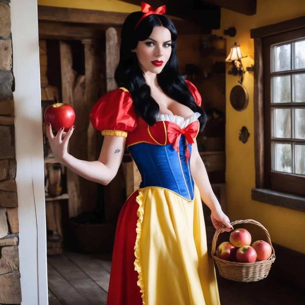 Prompt: Gorgeous ultra-muscular 25-year-old Finnish goddess with huge busom and ridiculously long straight shiny black hair dressed as Snow White with a yellow frilly dress, a blue & red corset, a red ribbon in her hair, and 8 inch stiletto high heel shoes.  Holding an apple in a quaint cottage.