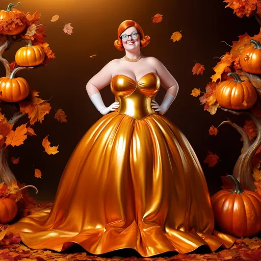 Prompt: (Peter Griffin in a striking costume), (Rabanne metallic pumpkin dress), vivid and eye-catching colors, high-fashion glamour, elegant pose, dramatic lighting that enhances the metallic sheen, expression conveying confidence, surreal background blending autumnal elements, warm tones of orange and gold, ultra-detailed, whimsical and playful atmosphere, combining high art with contemporary fashion.