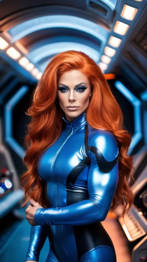 Prompt: Gorgeous ultra-muscular 25-year-old Swedish drag queen bodybuilder with very long wavy Burnt orange hair on a spaceship, science-fiction, barbarlla style, blue eyes  , muscular figure, bodysuit,  crab nebula background,  high definition photography,