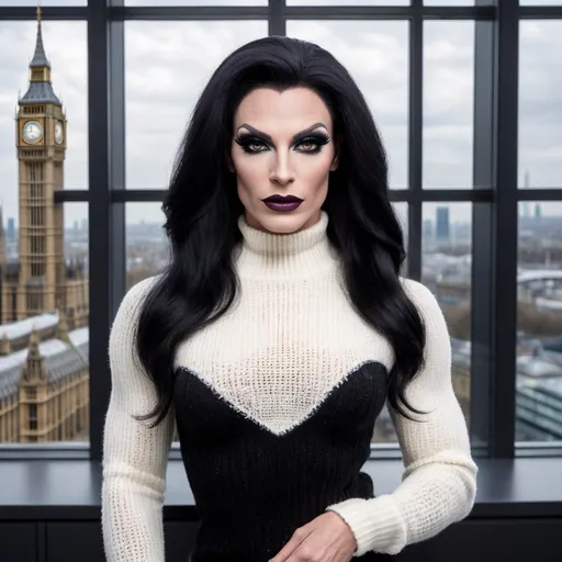 Prompt: Gorgeous muscular 35-year-old French drag queen with strong masculine jawline,  very long black hair, dark eyeshadow, and dark lipstick, in the CAD office wearing a white chenille knitted sweater, next to the window with London city and Big Ben view