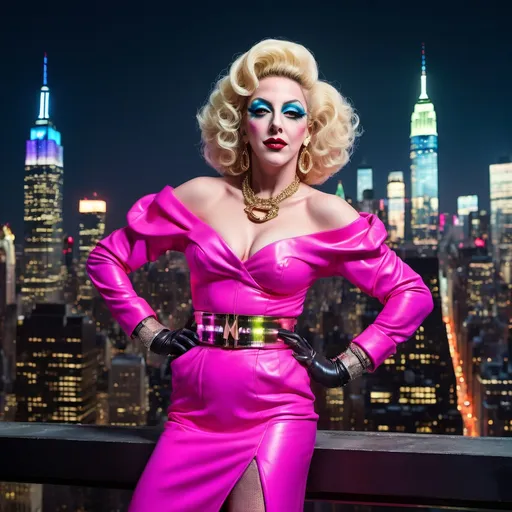 Prompt: Adam Sandler dressed as a 25-year-old gorgeous drag queen Madonna posing on the ledge of a building, high above NYC.