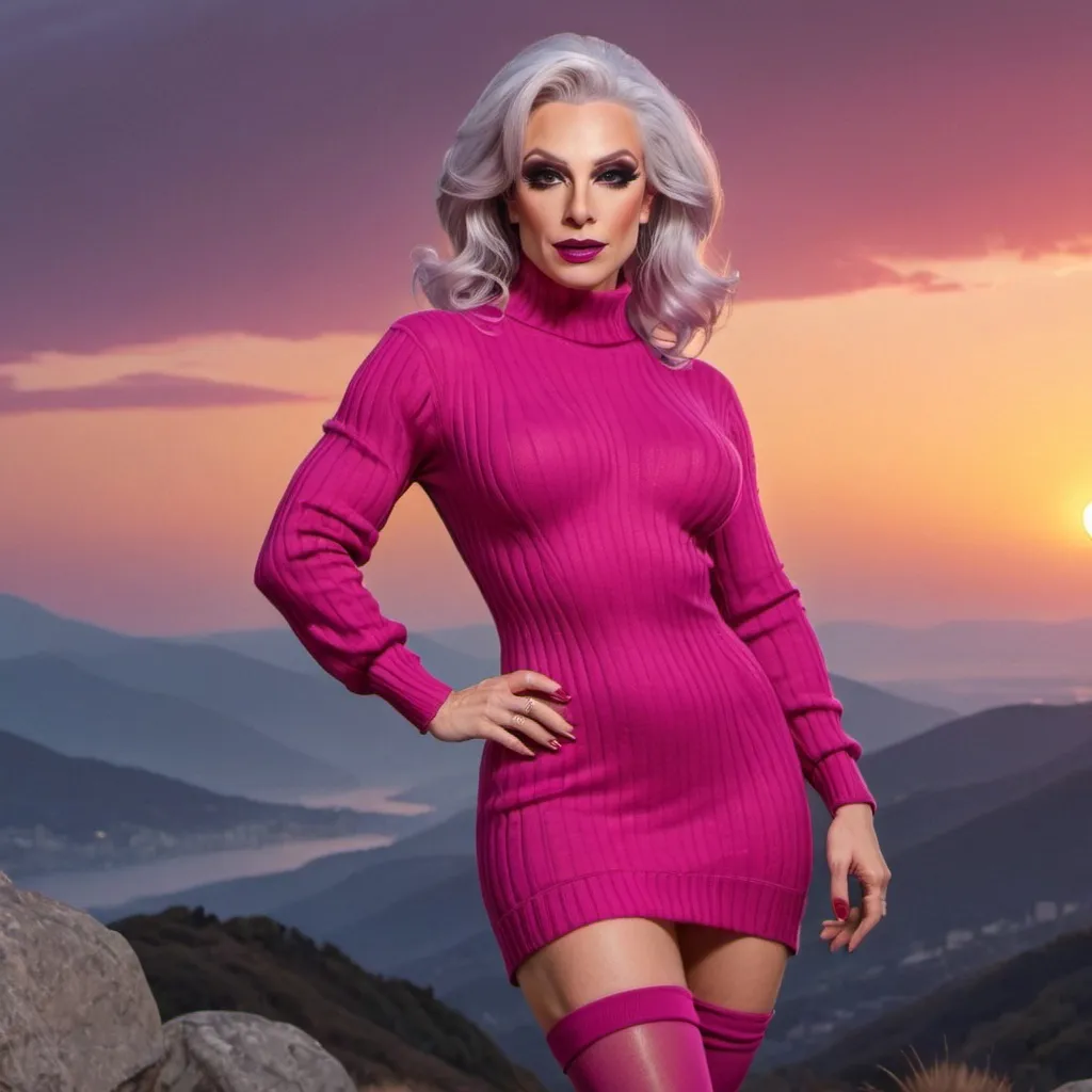 Prompt: Stunning, flamboyant, very muscular, 45-year-old silver-haired caucasian drag queen with large busom dressed in a magenta oversized sweater dress, thigh-high nylon stockings, and stilettos. Hyper-realistic quality. Sunset background. 