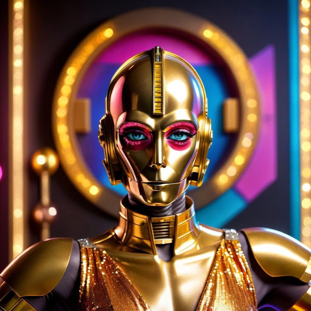 Prompt: If c3po was a gorgeous muscular drag queen.