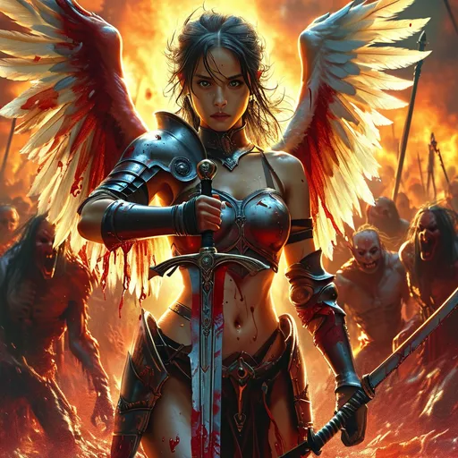 Prompt: Gorgeous angel warrior fighting her way through hell with only a large sword. Bloody demon hoard in background.