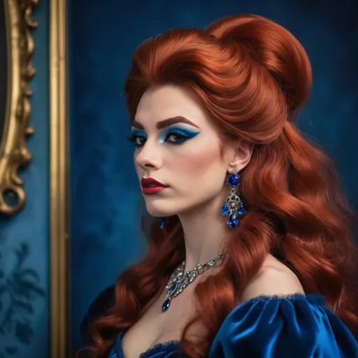 Prompt: a French drag queen (with strong masculine jawline and brow facial features) with long red hair wearing blue velvet dress and earrings, posing for a picture with a blue background, Elina Karimova, rococo, elegance,  photorealistic