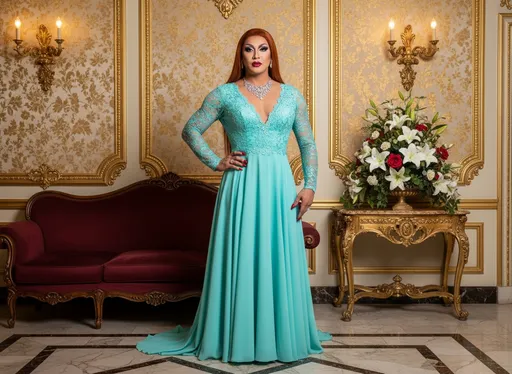 Prompt: Set against an opulent backdrop of intricately designed walls and elegant furnishings, a muscular 35-year-old Japanese drag queen (with dark eyeshadow, dark red lipstick, dark red manicured fingernails) stands poised in a lavish aqua-colored gown that features a deep V-neck and delicate lace sleeves. The muscular 35-year-old Japanese drag queen’s sophisticated look is complemented by a long burnt orange sleek hairstyle and tasteful jewelry, including a statement necklace. She confidently rests one hand on her hip, projecting an air of grace and elegance amidst the sumptuous decor, which includes a rich burgundy sofa and an ornate table with a floral arrangement. The warm lighting from ornate wall sconces casts a soft glow over the scene, enhancing its luxurious atmosphere and conveying a mood of refined beauty and sophistication.