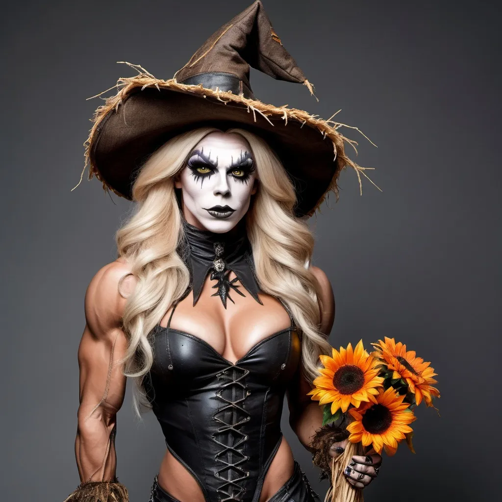 Prompt: Gorgeous ultra-muscular 25-year-old drag queen dressed as a spooky scarecrow.