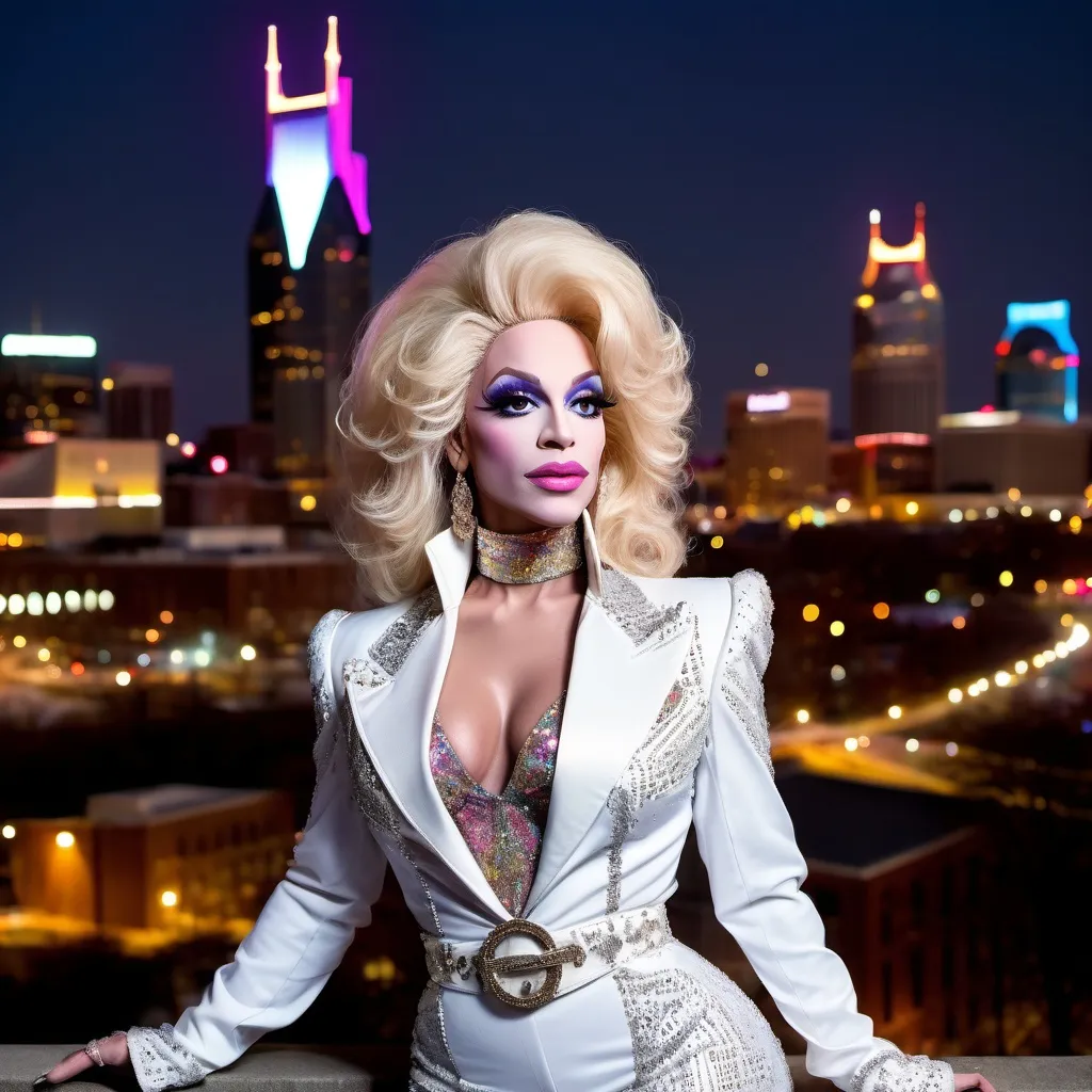 Prompt: Prince dressed as a 25-year-old gorgeous drag queen Dolly Parton posing on the ledge of a building, high above Nashville.