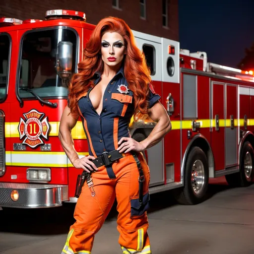 Prompt: Gorgeous muscular 25-year-old Romanian drag queen (with strong masculine jawline and brow) firefighter with ridiculously long flowing dark orange wavy hair, Wearing firefighter uniform with 8 inch stiletto high heel work boots posing in front of the  firehouse at night. 